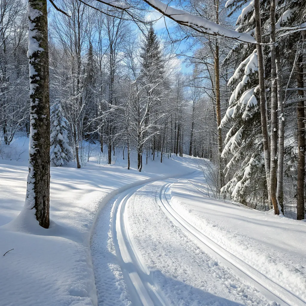 Cross-country skiing tracks in a snowy forest